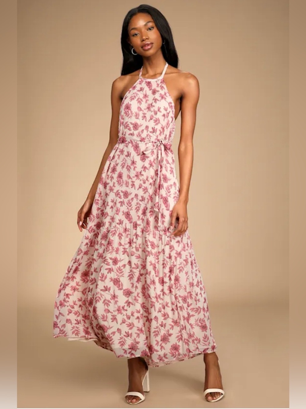 Lulu's Cream Maxi Dress with Pink Floral Print
